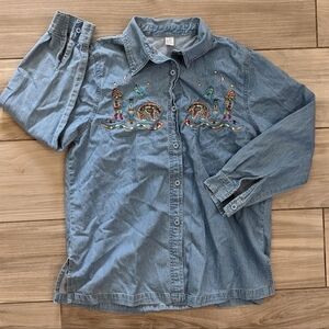Vintage Style Kokopelli Southwestern Embroidered Denim Shirt